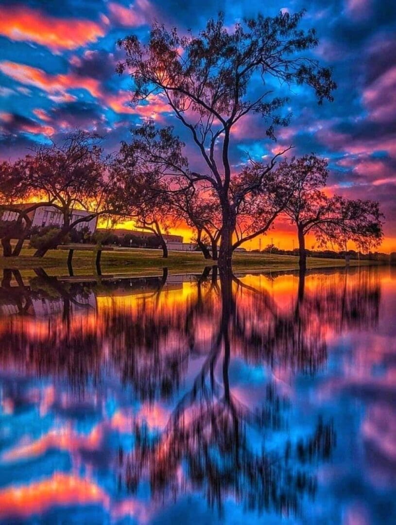 A colorful sunset with trees and water